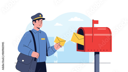 Postman in a blue uniform is shown putting yellow letters into a classic red mailbox in a quiet city neighborhood setting.