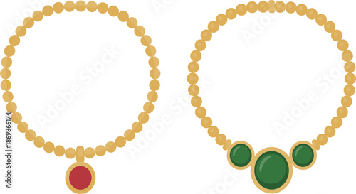 Set of gold beaded necklaces with gemstones, vector jewelry icons with red and green pendants for fashion design
