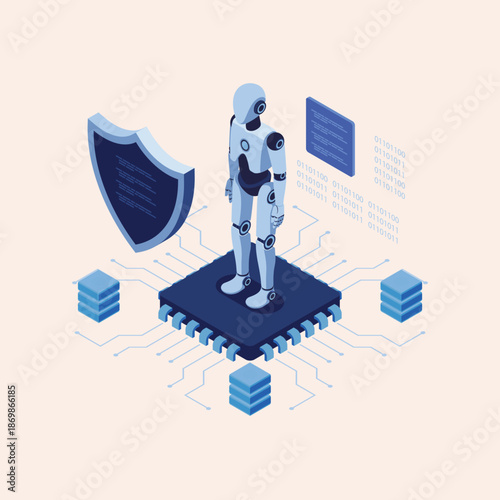 Advanced artificial intelligence robot overseeing secure data processing on a sophisticated microchip, symbolizing futuristic technology, smart systems, and robust cybersecurity solutions