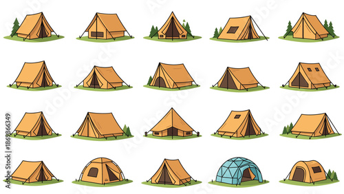 Diverse collection of camping tent icons in various shapes and sizes for outdoor adventure and travel planning designs.