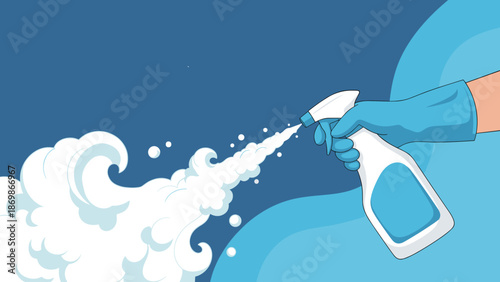 Gloved hand is shown spraying cleaning liquid into a thick white cloud of foam against a minimalist blue background.