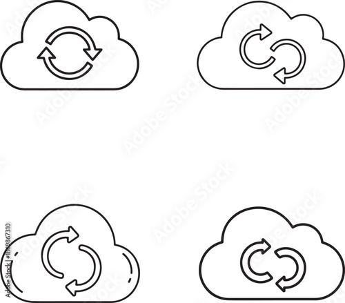 Cloud sync and data backup line icon set