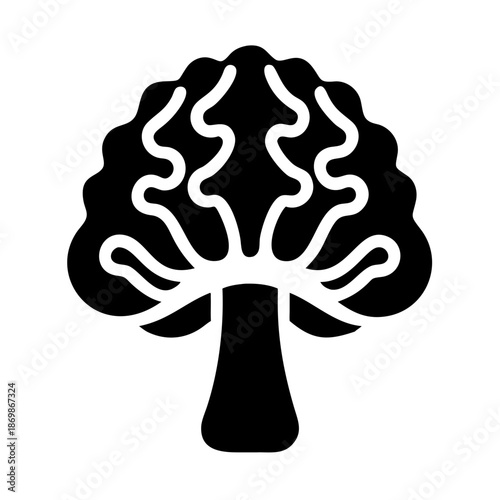 Minimalist black solid icon illustration of a stylized broccoli or cauliflower vegetable