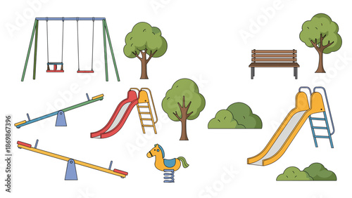 Collection of colorful playground equipment icons including swings, slides, seesaws, and benches for children recreation areas.