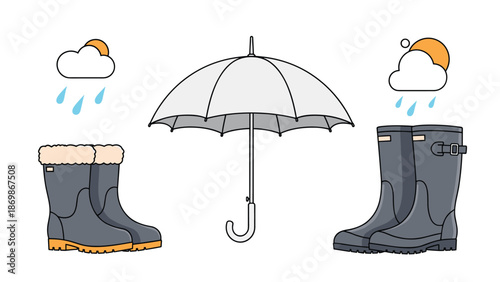 Selection of rainy day essentials including a large white umbrella, dark gray boots, and stormy weather clouds.