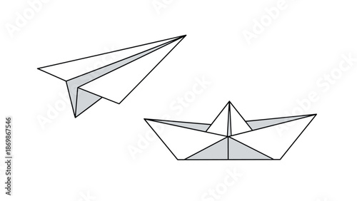 Simple paper origami crafts featuring a white paper airplane and a paper boat isolated on a white background.