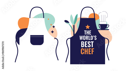Two professional chef aprons are shown in white and dark blue colors with the text the worlds best chef in orange.