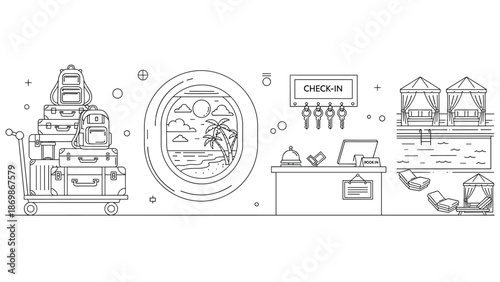 Travel and vacation planning with luggage and beach resort check-in
