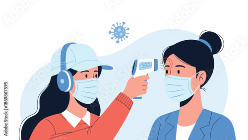 Healthcare worker using an infrared digital thermometer to check a patient temperature during a medical screening process.