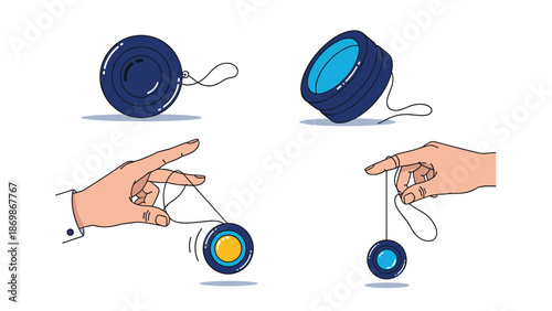 Various hand gestures showing how to play with a blue yo-yo toy including complex spinning and catching movements.