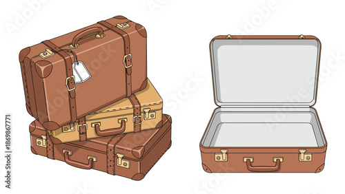 Selection of classic brown leather travel suitcases with one open empty luggage ready for packing for an upcoming trip.