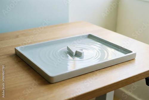 Minimal Ceramic Water Tray With Paper Plane Ripple On Wooden Desk