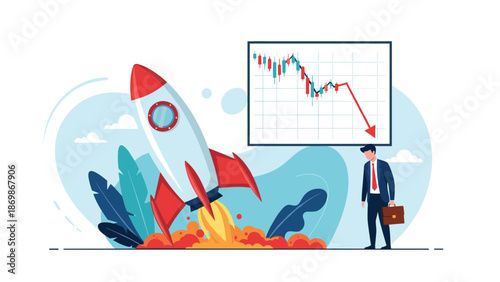 Stressed businessman standing next to a falling financial chart while a startup rocket launches in the background.