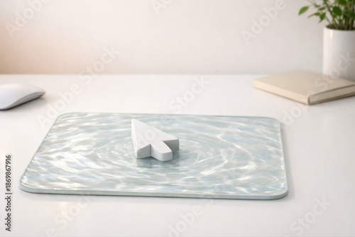 Modern Desk Setup With Water Texture Pad, White Cursor, And Minimalist Bookshelf Accent For Office