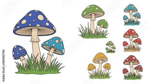 Group of colorful spotted mushrooms in blue and green shades growing together in a patch of lush green field grass.