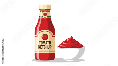 Glass bottle of tomato ketchup alongside a small white bowl filled with sauce perfect for fast food and condiment marketing materials.