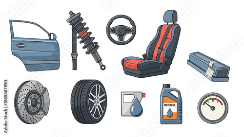 Selection of essential automobile spare parts including a car door tire seat steering wheel and engine oil bottle for repair service icons.
