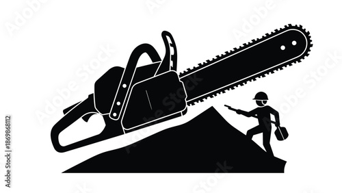 Surreal black silhouette showing a massive chainsaw looming over a small mountain with a tiny lumberjack figure.