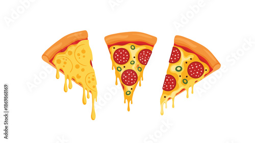 Three delicious slices of pepperoni pizza with gooey melted cheese dripping down the sides on a white background.