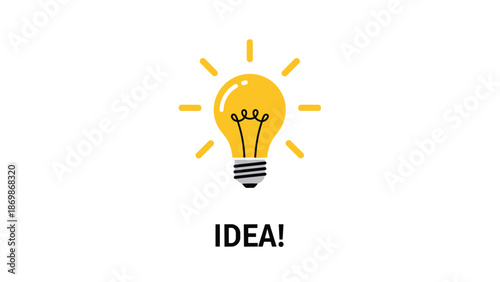 Glowing yellow light bulb with the word idea underneath symbolizing creativity and inspiration against a clean and minimal white background.