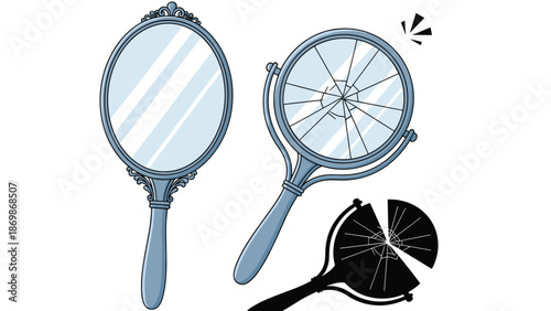 Collection of ornate hand mirrors including a pristine glass design and two versions showing cracked and shattered surfaces for bad luck.