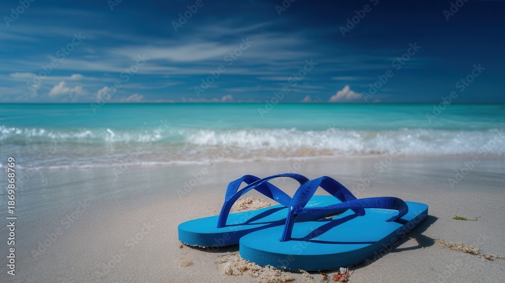 Fototapeta premium Blue flip flops on sandy beach near ocean waves
