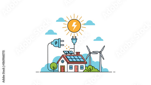 Sustainable home featuring solar panels and wind turbines representing renewable energy and green technology for an eco friendly lifestyle.