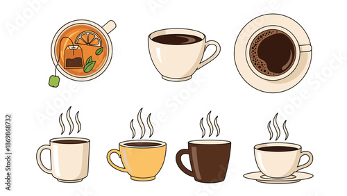 Selection of various hot beverages including cups of black coffee and tea with a slice of lemon and mint leaves.