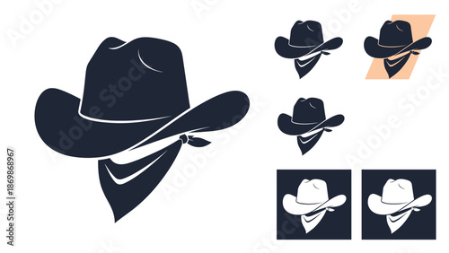 Classic cowboy outlaw silhouette wearing a large brimmed hat and a bandana face covering for an old western theme.