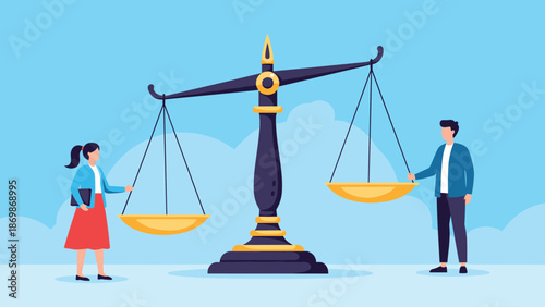 Legal and equality concept showing a man and a woman standing next to a large balanced scale of justice against sky.
