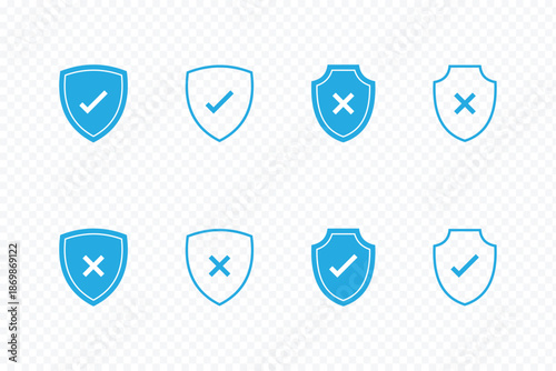 Shield & Security Icon Set. Check Mark, Cross, Lock, and Protection Symbols. Shield icons showing approved and rejected status. Two shields. a green checkmark and a red cross for approved and rejected