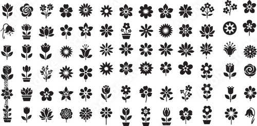 Flower silhouette icon set with floral symbols, blossoms, plants and decorative flowers in black