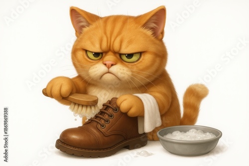A humorous illustration of a grumpy cat shining shoes.