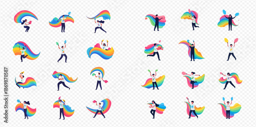 Set of diverse people celebrating pride, holding and wearing rainbow flags and capes, expressing joy and freedom.