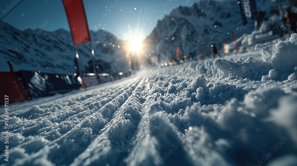 Fototapeta premium Close up winter ski slope with fresh snow texture at sunrise, professional alpine ski racing start gate, winter sports competition atmosphere 2026 Milano Cortina Italy