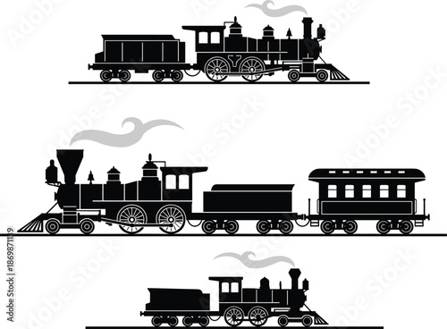 Vintage steam locomotive silhouettes set, antique train engine vector illustration, historical railway transportation icons, old fashion steam train graphic elements