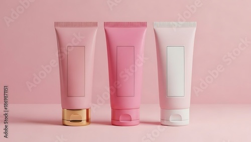 Wallpaper Mural Three cosmetic tubes in pink and white on pink background bottles Torontodigital.ca
