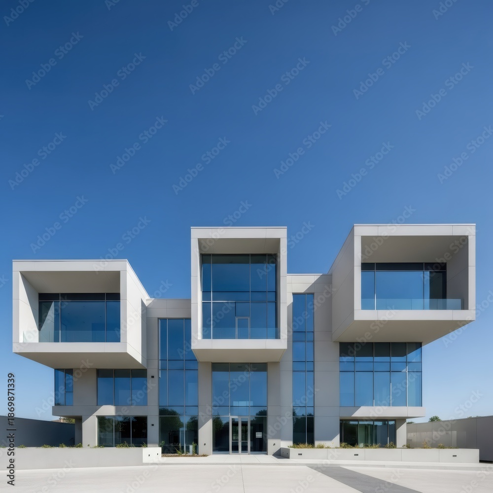 Fototapeta premium Modern gray geometric building with large glass windows and blue sky. Contemporary architecture for office, business space, or residential use.