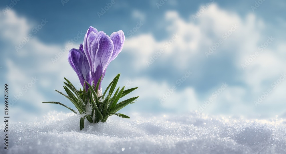 Obraz premium Purple crocus blooming through snow with spring sky background