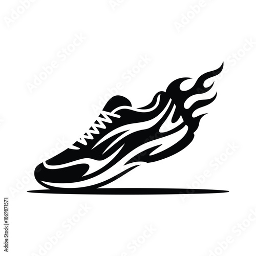 Running shoe with fire flames vector illustration representing speed and motion in minimalist black and white silhouette design