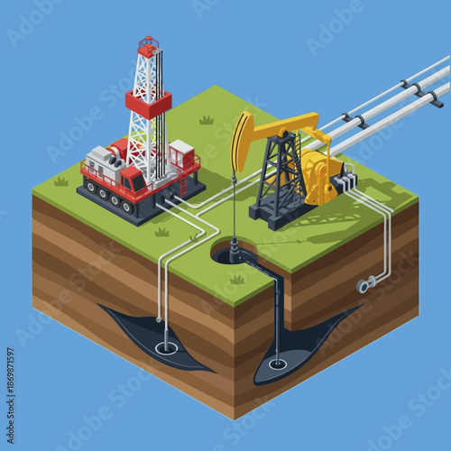 Oil Rig Extraction Process 3D Illustration.