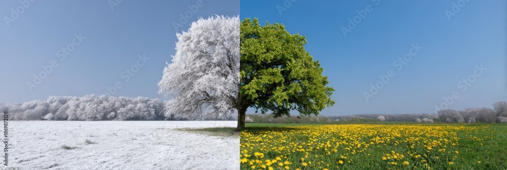 Fototapeta premium Contrast of winter and spring: snowy landscape meets blossoming meadow