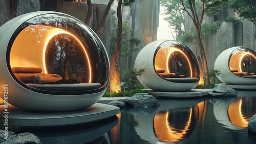 Futuristic spherical hotel pods nestled in a tranquil forest setting, offering a luxurious and immersive natural experience.