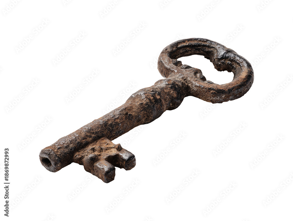 Obraz premium Rusty old metal key isolated on transparent or white background, png