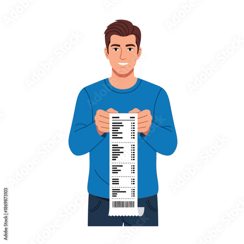 A smiling man holding a long receipt in his hands