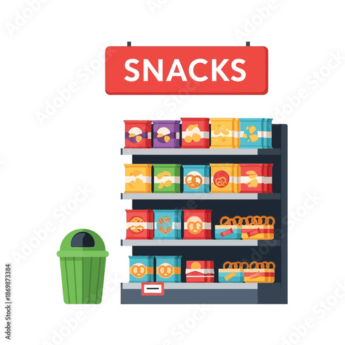A snack display shelf with assorted packaged snacks and a trash can beside it indoors