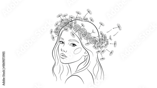 Woman with dandelion flowers in her hair blowing away