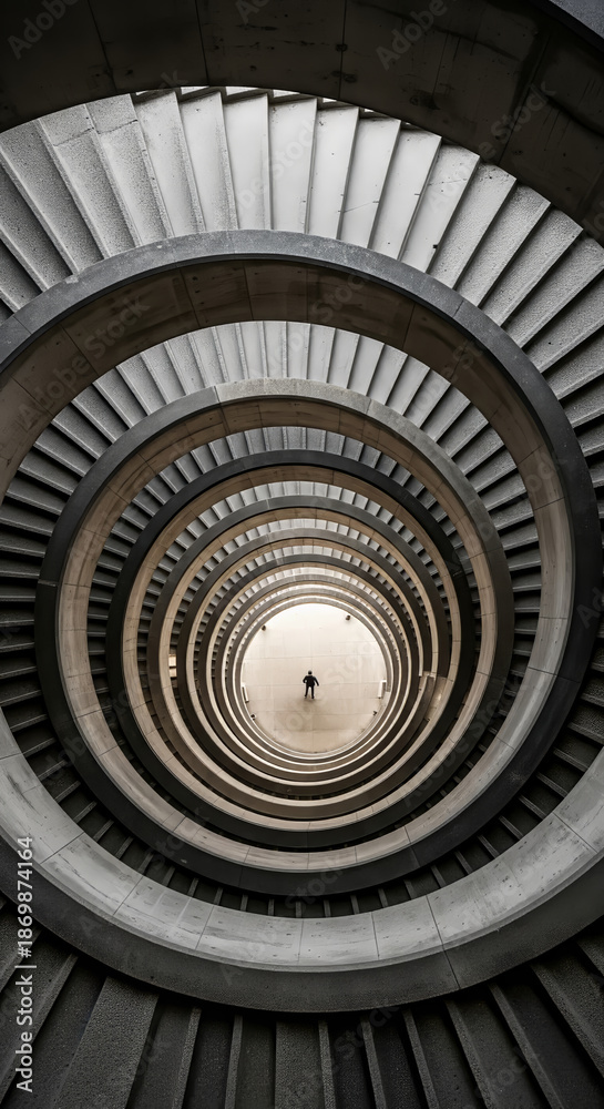 Fototapeta premium Top Down View of Spiral Concrete Stairs and Walker