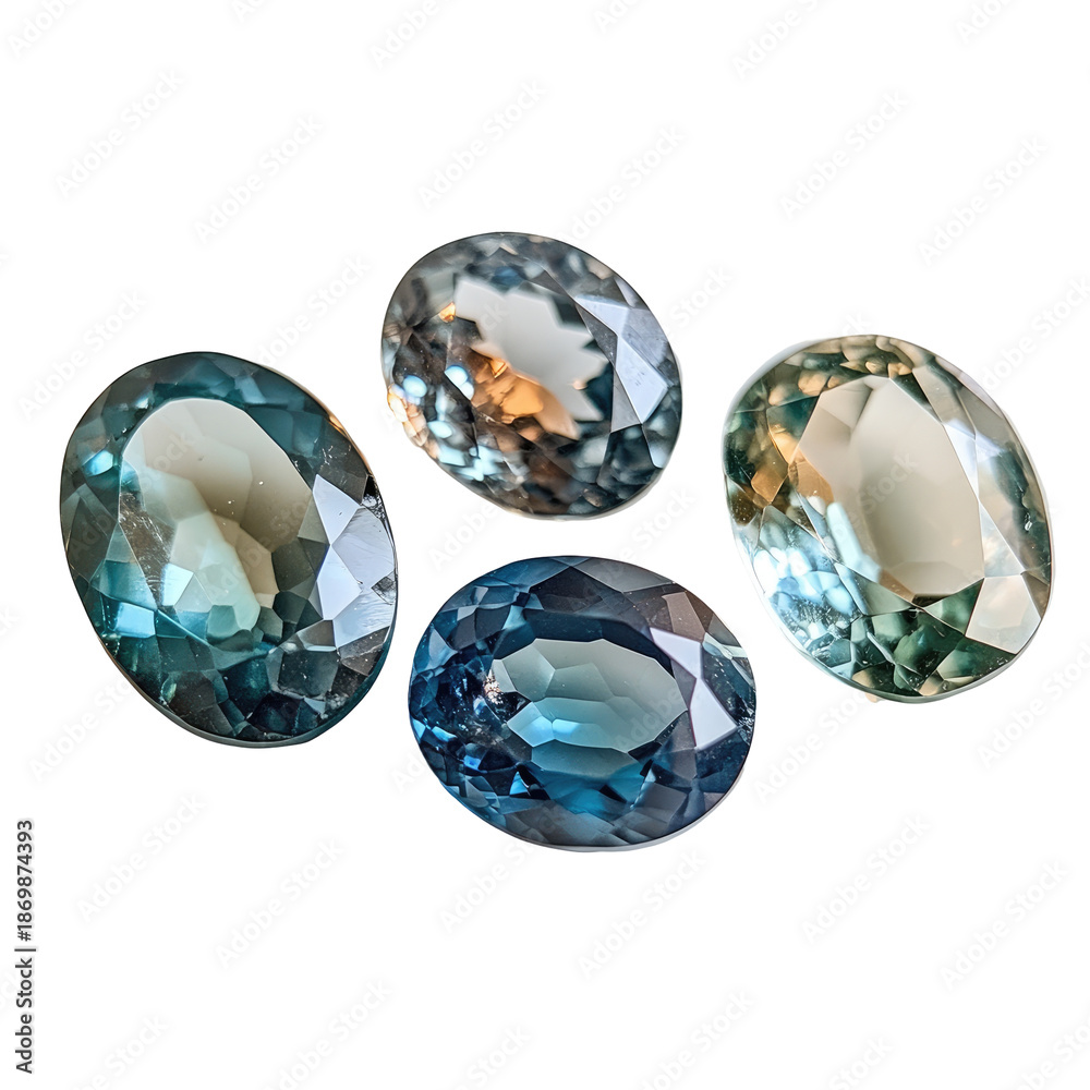 Fototapeta premium Four oval-cut gemstones shimmer against a black backdrop