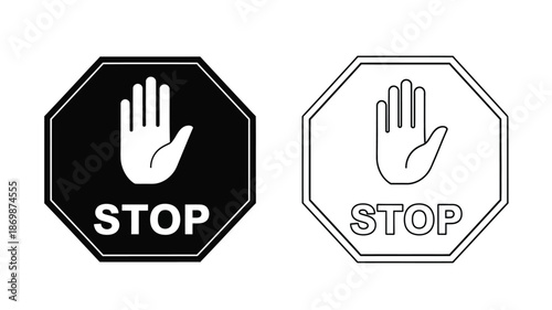 Black and white stop signs featuring a hand symbol safety and warning